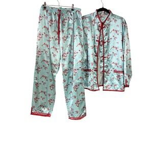 Kathryn Pajama Set Womens 1X Blue Floral Satin Kimono Top Drawstring Pants